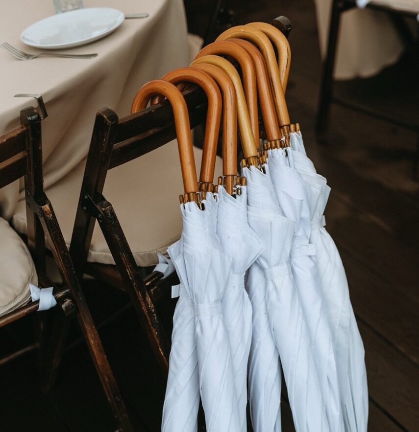 White Umbrellas with Wooden Handles | Outdoor Wedding Tips: Wedding Day Essentials to Consider | Planning for Wedding Guest