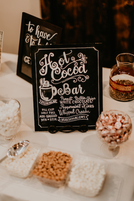 Hot Cocoa Bar Station w/ Marshmallows & Mints | Corporate Holiday Party Decor | Barn Venues Near Toole, Utah for Holiday Events