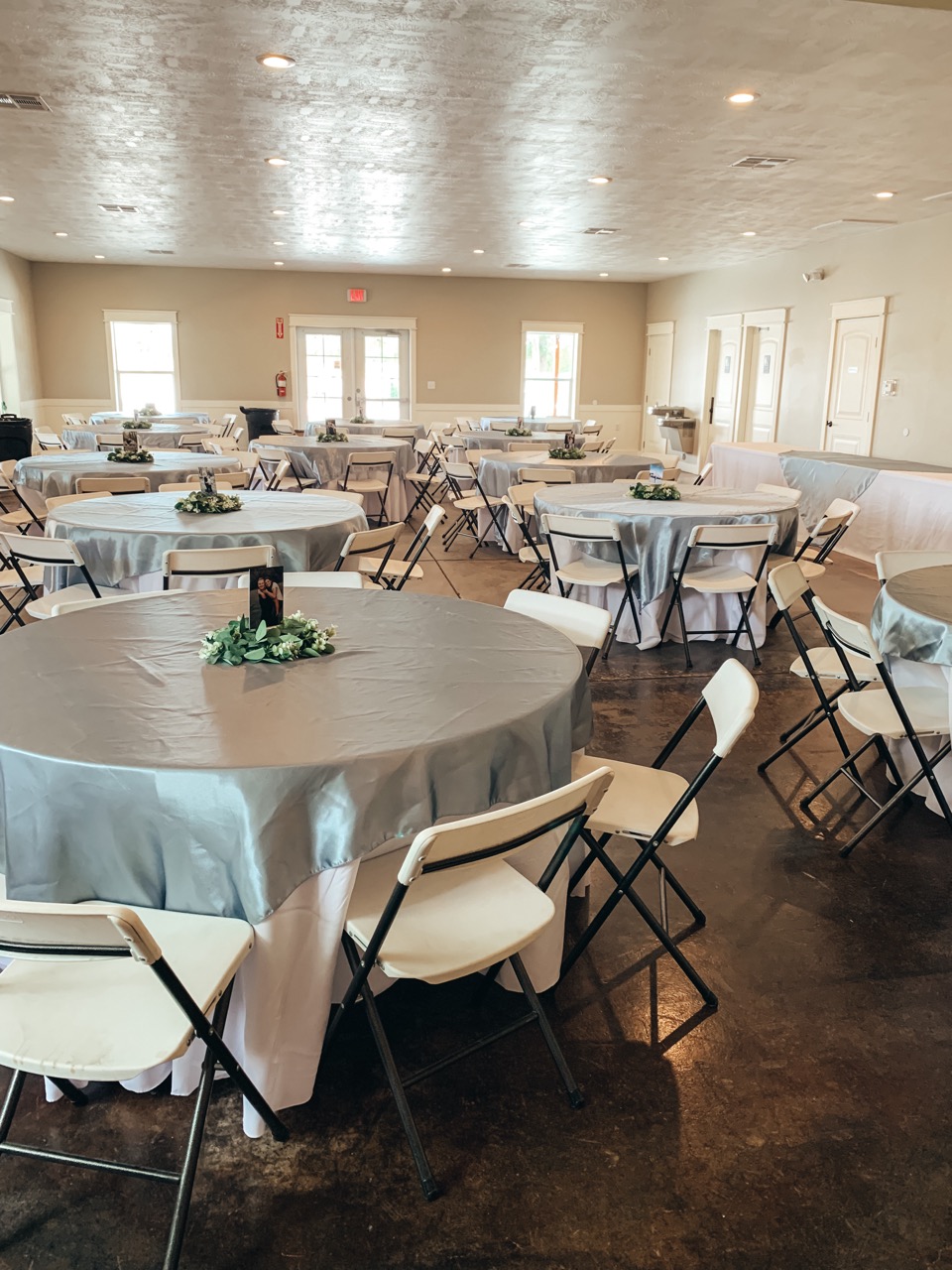 Gray Table Settings in Indoor Wedding Venue | Rain or Shine: Backup Plans for Your Outdoor Wedding | Mill Pond Farms Wedding Venue | Outdoor Wedding Rain Plan Ideas