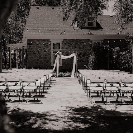 Wedding Ceremony Altar & Seating In-Front of Coulter House | Wedding in Utah | Nature-Inspired Wedding Venues in Tooele, UT